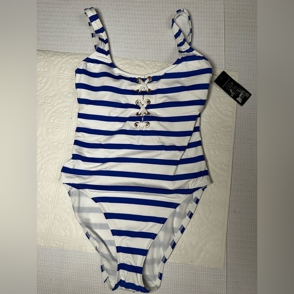 LAUREN Ralph Lauren Port Stripe Lace Side Tank One-Piece Coastalcore Beachy 6 - Picture 6 of 14